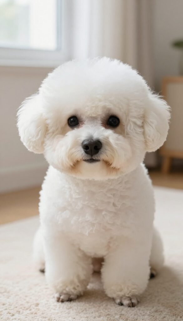 Fluffy white Bichon Frise with classic round teddy bear face grooming style in soft natural light