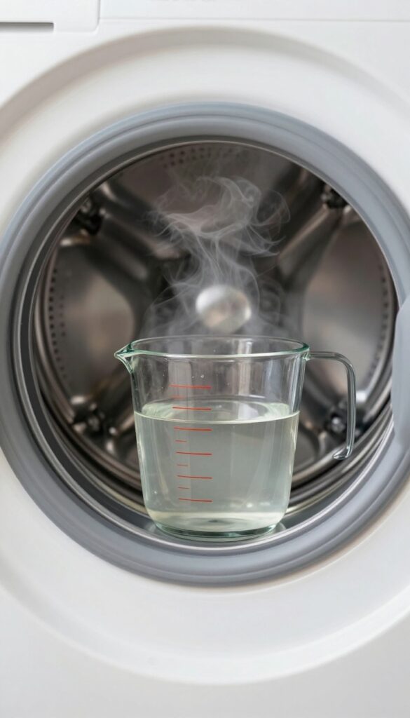 Open washing machine drum with a glass of white vinegar inside, steam rising, clean rubber gasket, bright natural light.