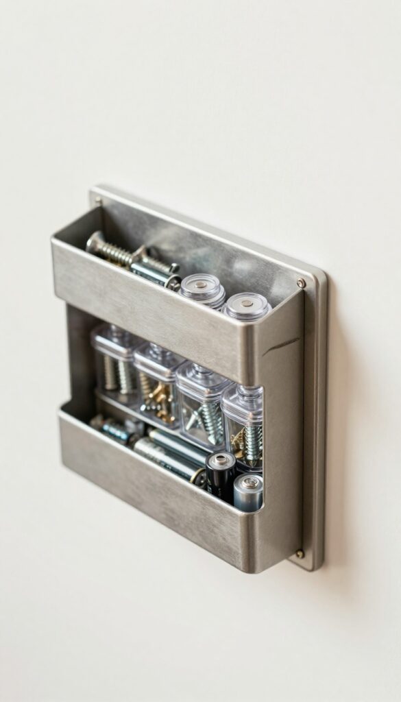 Magnetic spice tins on a metal strip inside a utility closet holding small screws and batteries