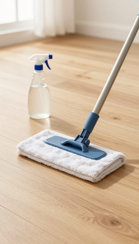 Mopping a hardwood floor with a vinegar and water solution using a microfiber mop
