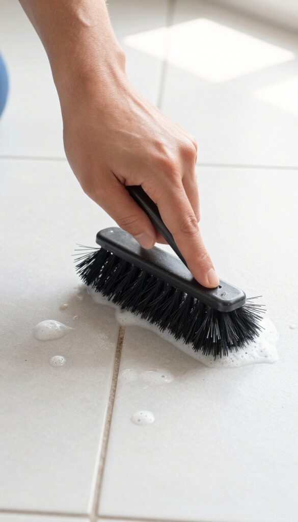 Hand scrubbing grout lines with a stiff-bristled brush on a clean tile floor
