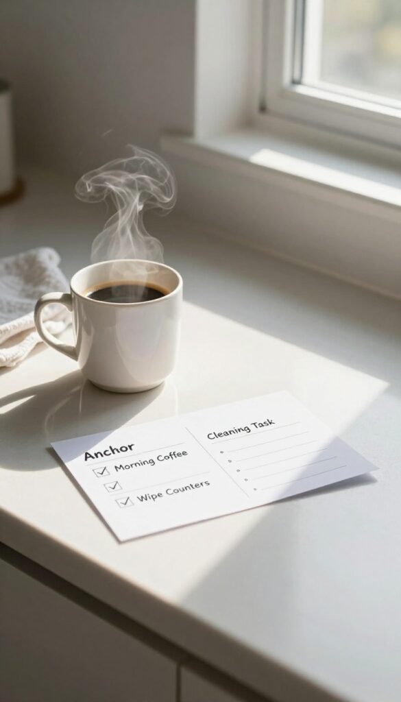 A habit stacking tracker on a kitchen counter next to a coffee mug, with checkmarks for anchor habit and cleaning task.