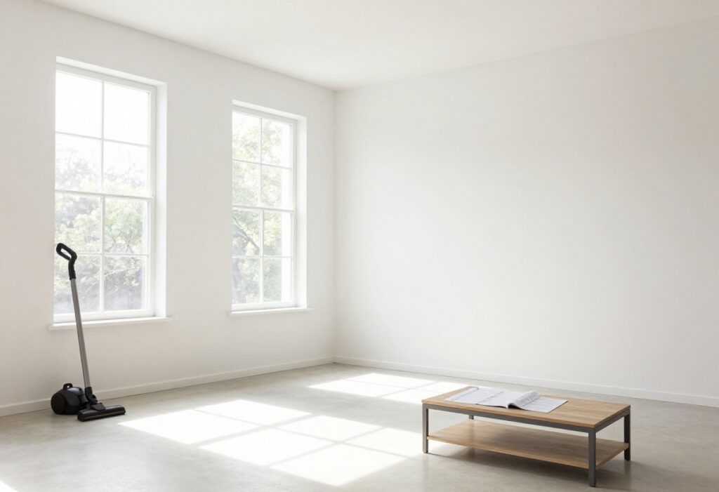 Bright living room after deep cleaning with sunlight and checklist