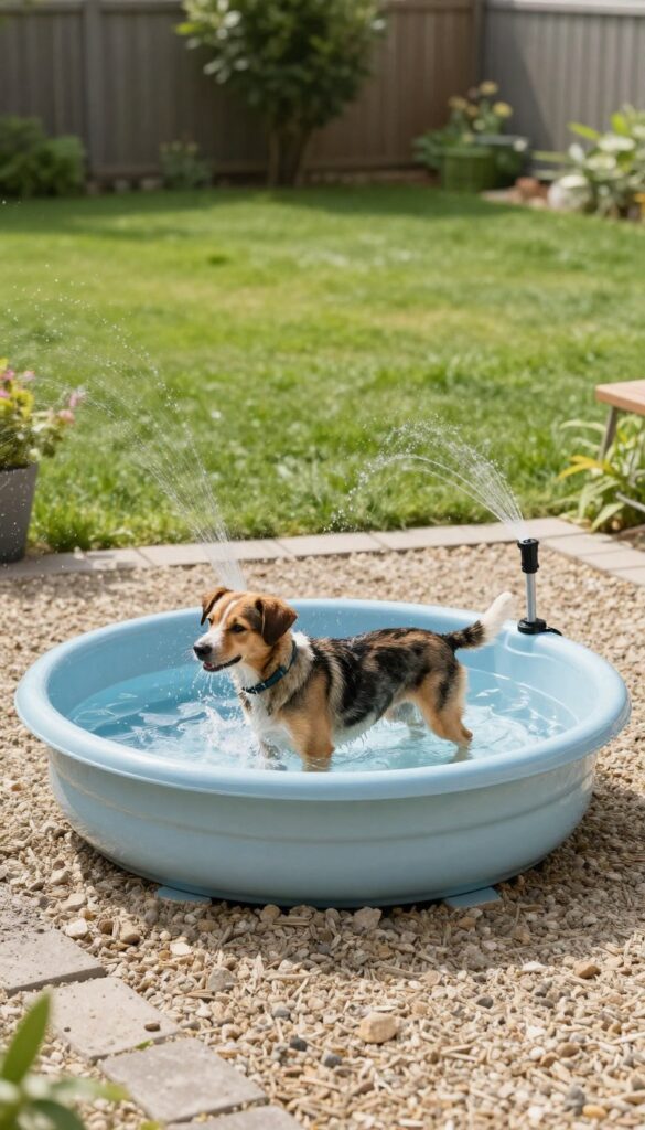 Dog splashing in a kiddie pool on gravel with a sprinkler in a sunny backyard