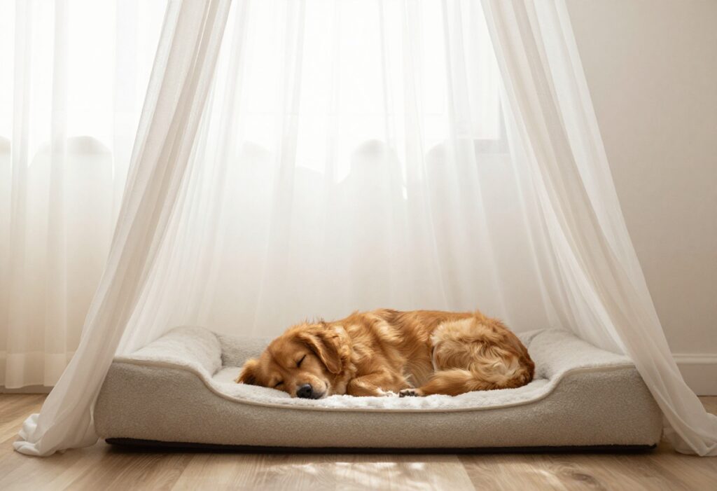 Small dog sleeping on a plush bed under a white sheer canopy in a cozy room
