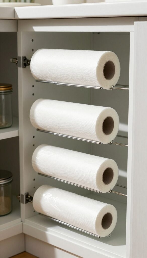 Paper towel holder mounted inside a cupboard door holding rolls of plastic wrap, foil, and parchment paper
