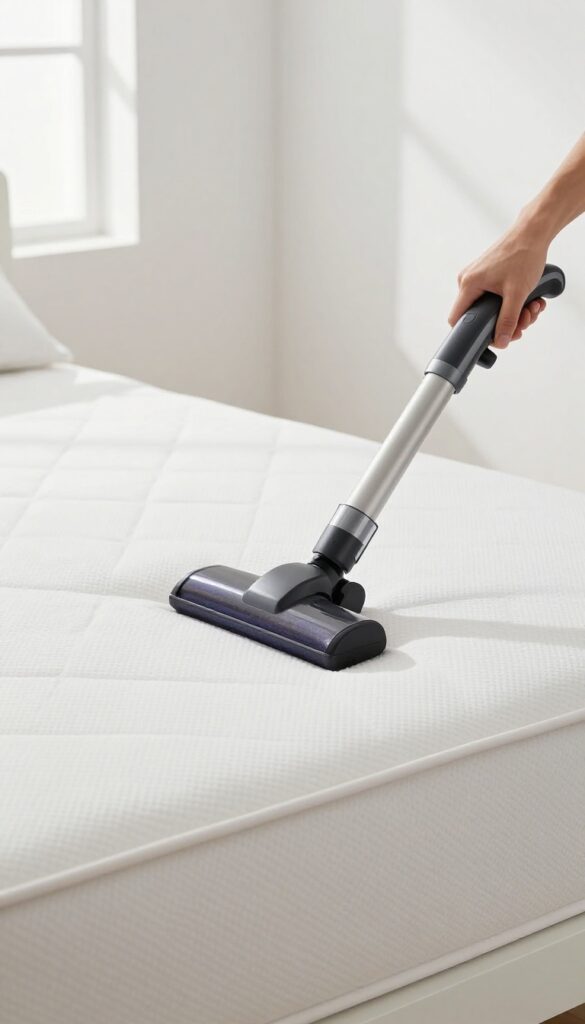 Cleaning a mattress with a vacuum cleaner in a bright bedroom