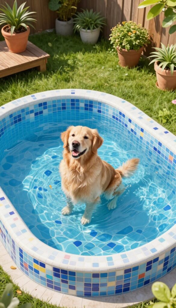 A golden retriever sitting in a shallow tiled mosaic dog pool with colorful non-slip tiles, surrounded by a sunny backyard with plants and a wooden deck.
