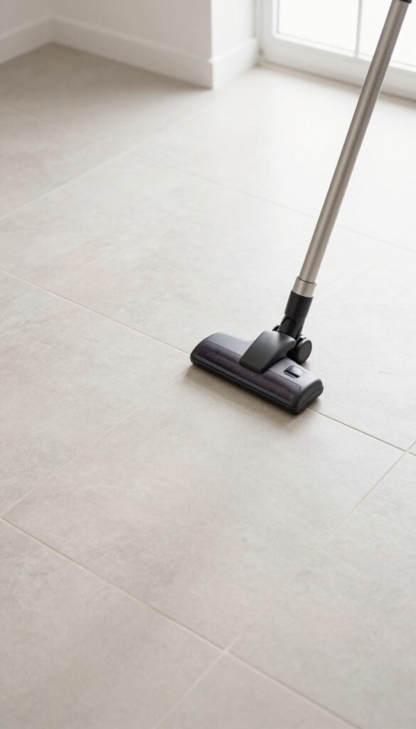 Dry vacuum cleaner next to clean tile floor with crevice tool attachment