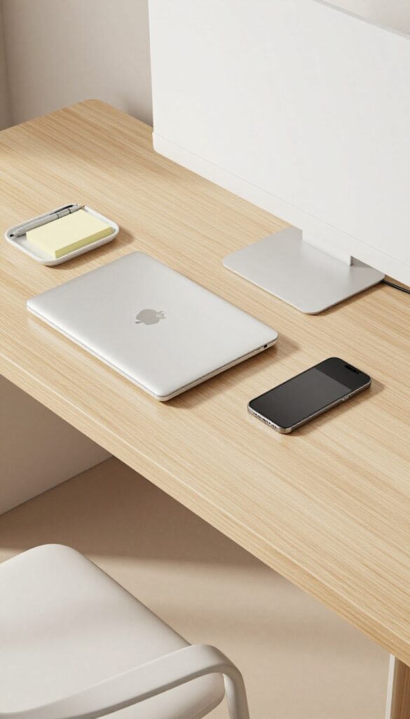 Monitor stand with hidden storage underneath, including laptop, pen tray, and phone, cables hidden, clean desk setup.