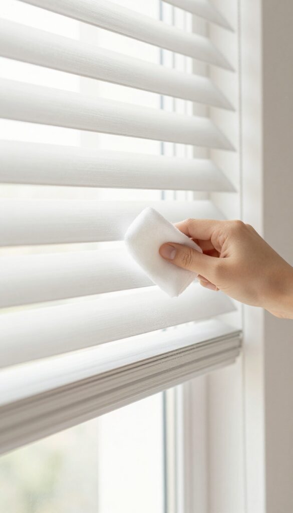 Hand wiping a dryer sheet over window blinds to repel dust