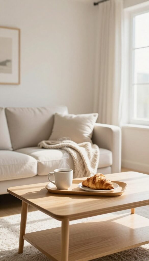A tidy living room with a coffee mug and croissant on a coffee table as a reward after cleaning