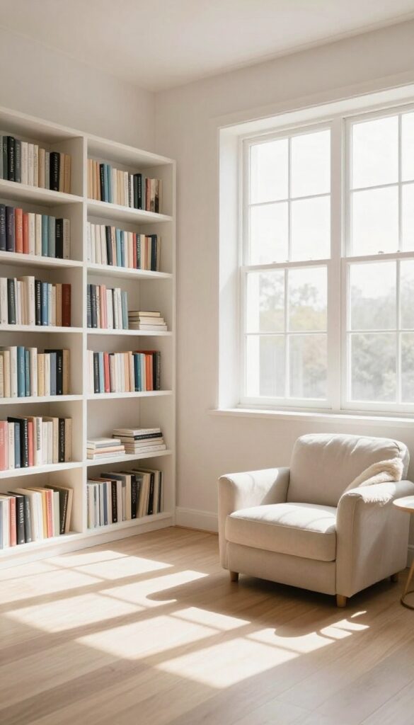 Decluttering books by category in a bright living room with organized bookshelf