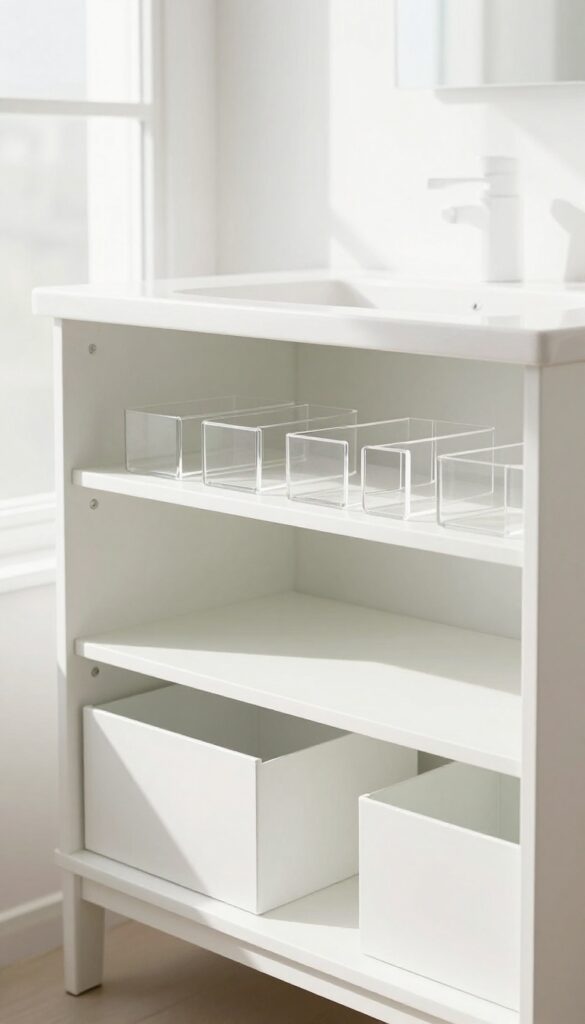 Empty bathroom vanity with clear acrylic organizers and drawer dividers, bathed in natural light.