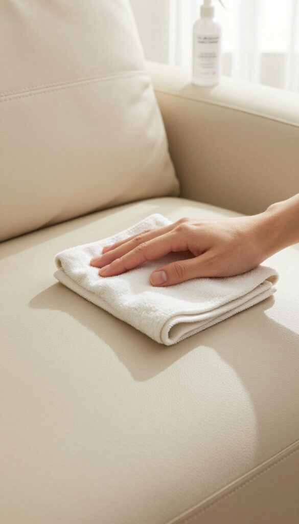 Hand cleaning a leather couch with pH-balanced cleaner and microfiber cloth in natural light