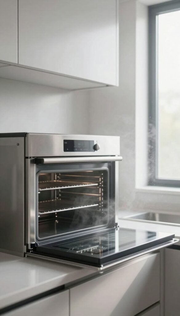 Oven interior with fine white ash after self-cleaning cycle, bright natural light, clean kitchen
