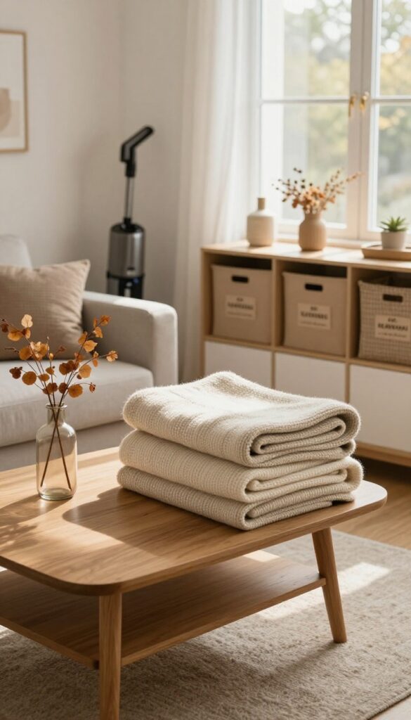 Bright living room with autumn decor, organized storage bins, and a vacuum cleaner, representing a seasonal home reset.