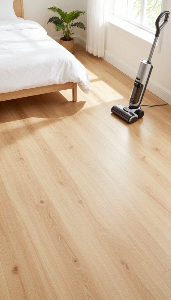 Clean hardwood floor in a sunlit bedroom with a vacuum cleaner nearby, organized and fresh