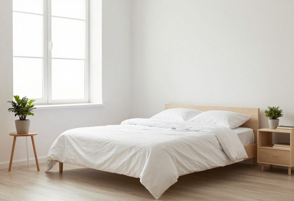 Clean and organized bedroom with a made bed and minimal clutter