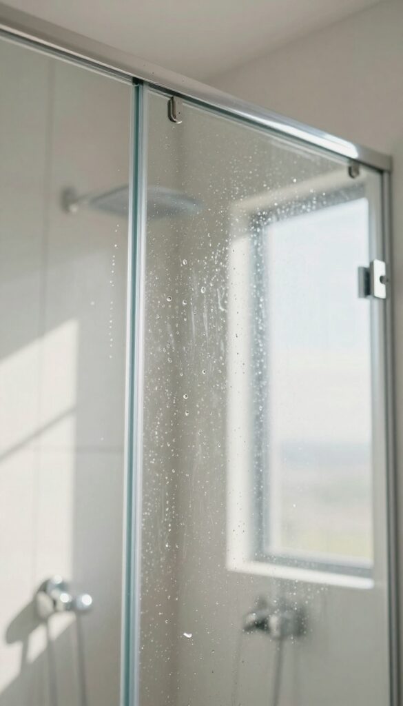 Glass shower door with water repellent showing beading water droplets