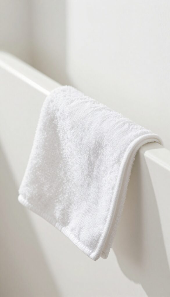 Close-up of a microfiber cloth dusting a faux wood blind slat in bright natural light