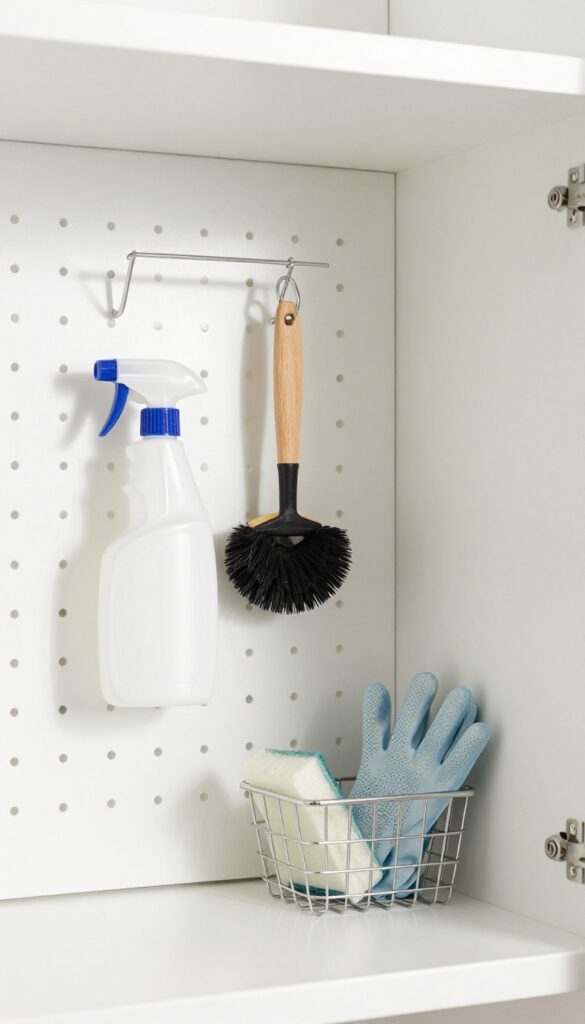 Pegboard inside a cleaning cupboard with hooks and baskets holding cleaning tools