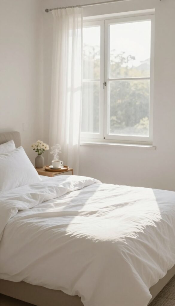 A tidy bedroom with a made bed and morning sunlight, representing a fresh start for a 15-minute morning cleaning routine.