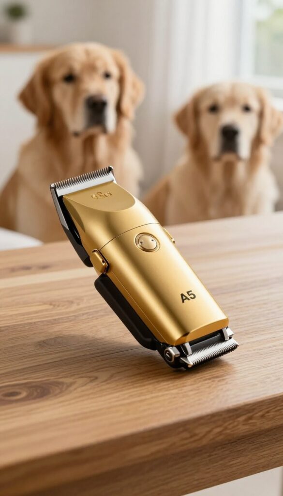 Oster Golden A5 clipper on wooden table with Golden Retriever in background