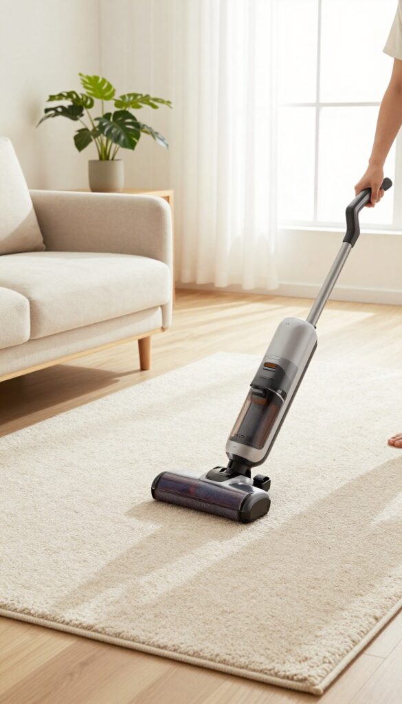 Person vacuuming a clean beige carpet in a bright living room