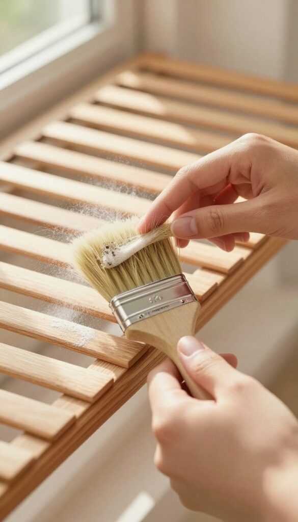 Person dusting wooden blinds with a soft paintbrush in bright natural light