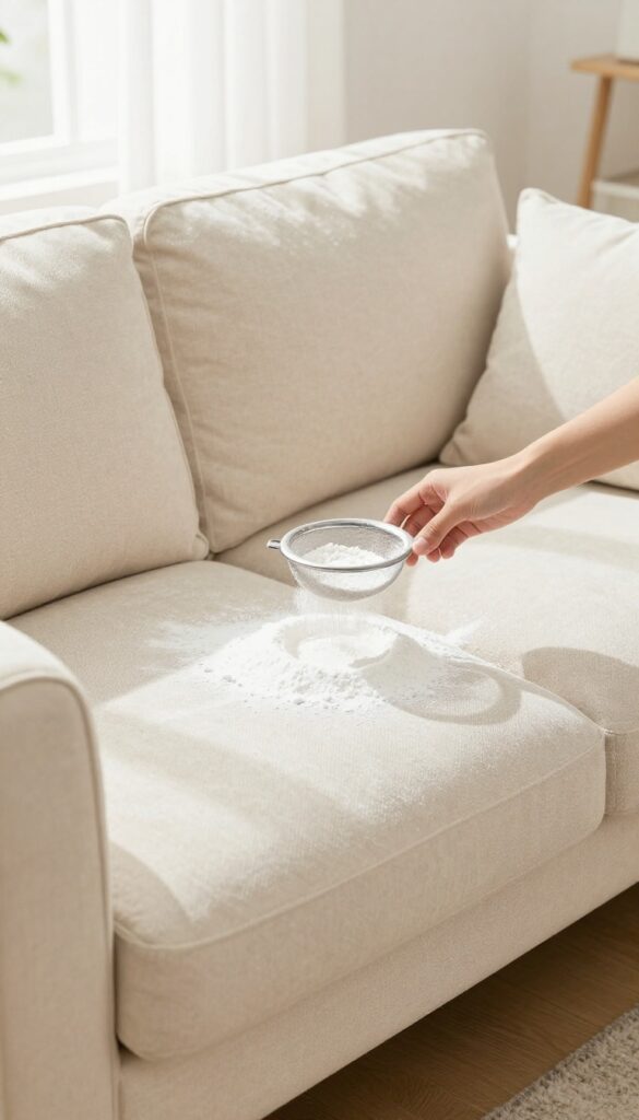 Person sprinkling baking soda on a fabric couch to absorb odors