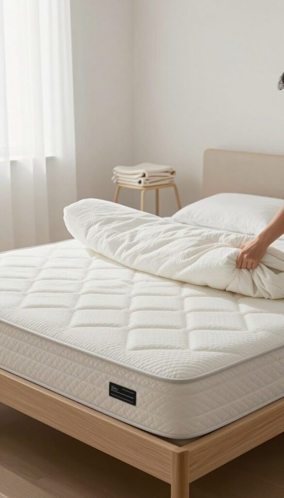 Two people rotating a mattress on a bed frame in a bright, clean bedroom