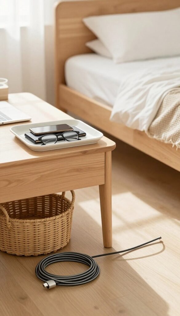 A clean bedroom dresser with a tray for daily essentials and a basket for cables, illustrating a designated spot for everything.