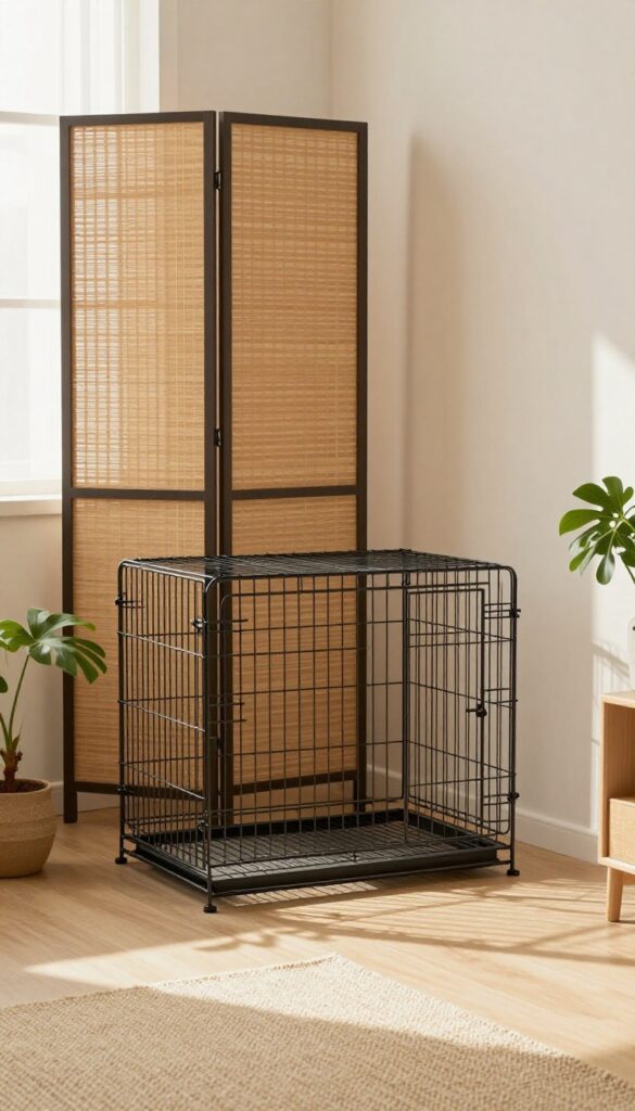 Decorative bamboo screen hiding a dog crate in a bright living room with plant and rug