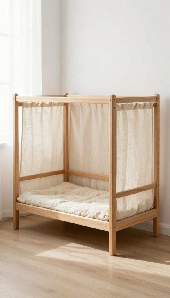 Minimalist wooden frame canopy dog bed with light linen drapes in a bright, airy room
