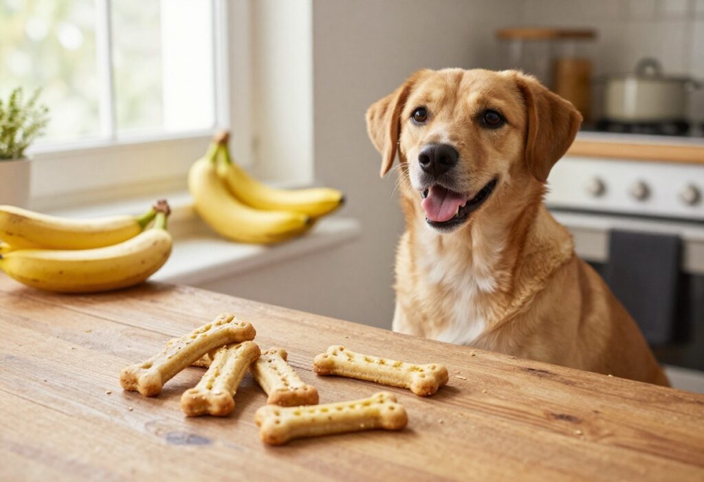 Homemade banana dog biscuits on a baking tray with a happy dog nearby in a cozy kitchen