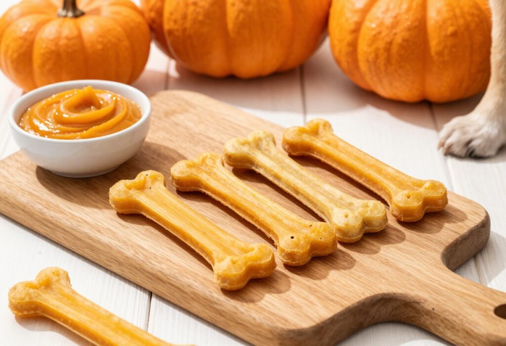Homemade pumpkin dog chews on a wooden board with pumpkin puree and a dog's paw nearby.
