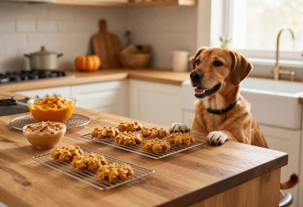 Homemade pumpkin and peanut butter dog biscuits cooling on a wire rack in a cozy kitchen with a dog watching eagerly.