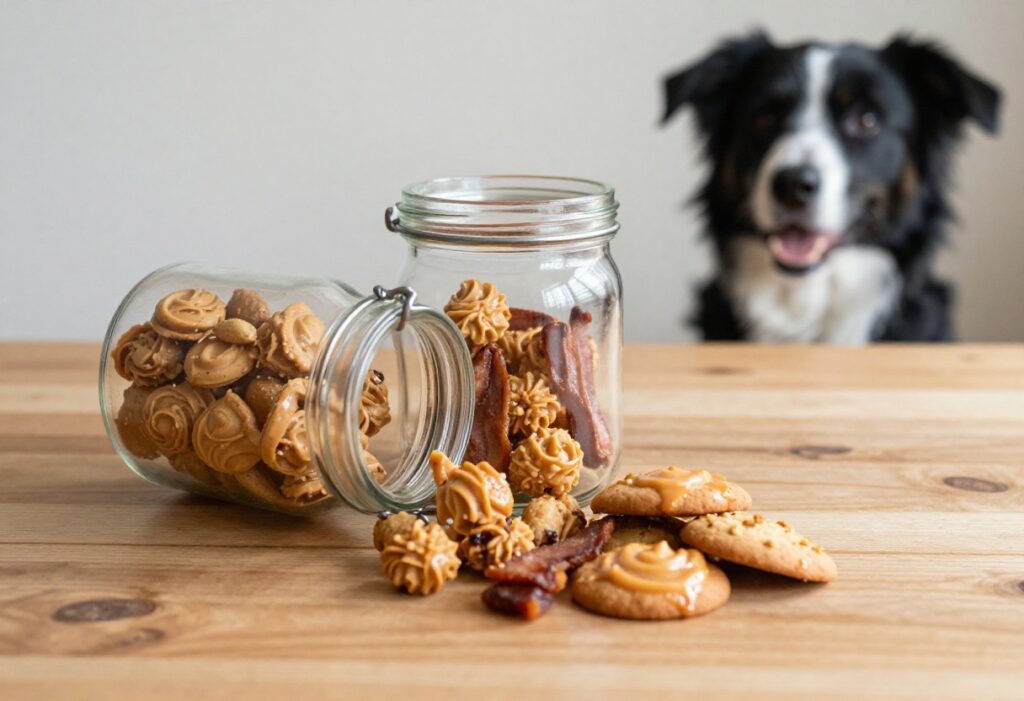 Glass jar filled with assorted homemade dog treats on a wooden table with a dog looking on