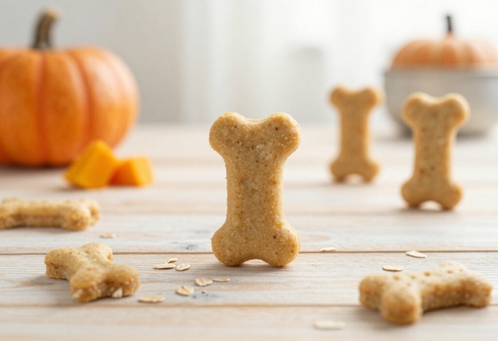Homemade dog cake without peanut butter, topped with a dog bone treat, on a rustic table with oats and pumpkin.