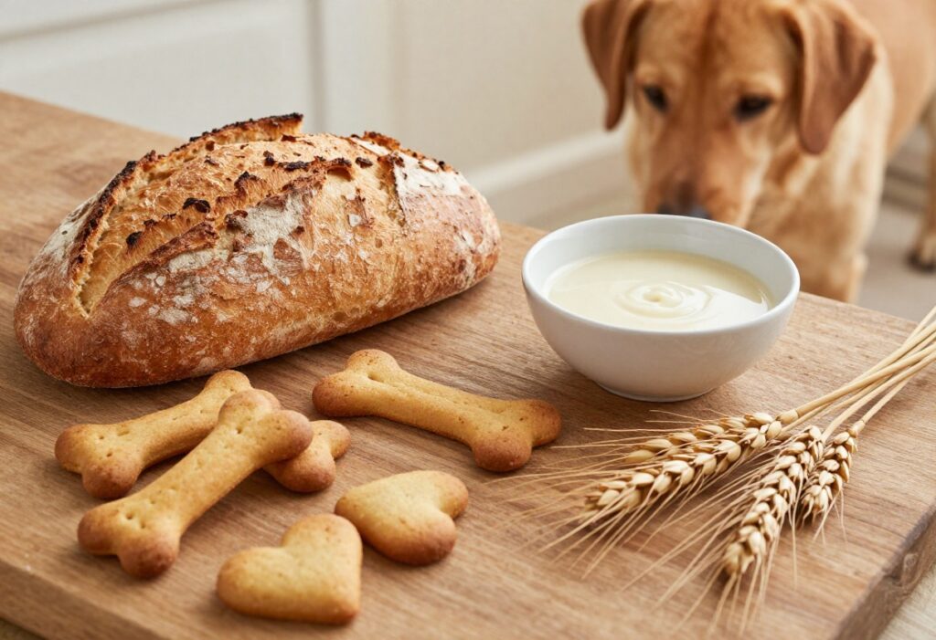 Homemade sourdough dog treats in bone and heart shapes on a wooden board with a bowl of sourdough starter.