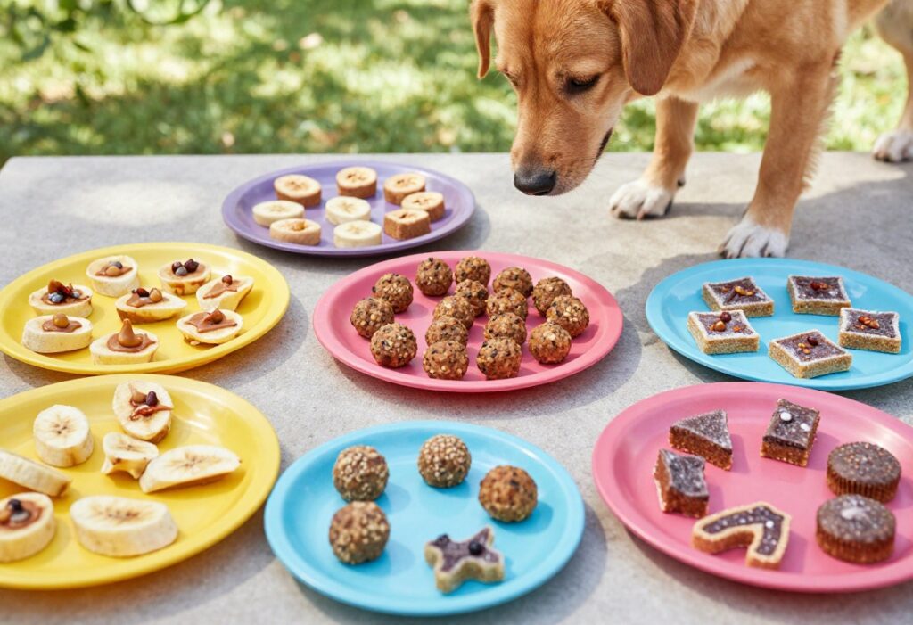 Homemade dog treats spread on a table for a dog party, with a dog's paw reaching for them.