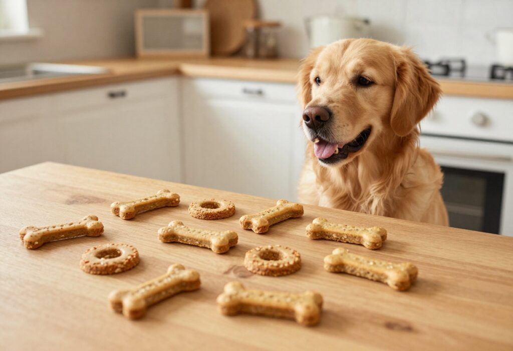 Homemade oat dog treats on a wooden table with a happy dog nearby