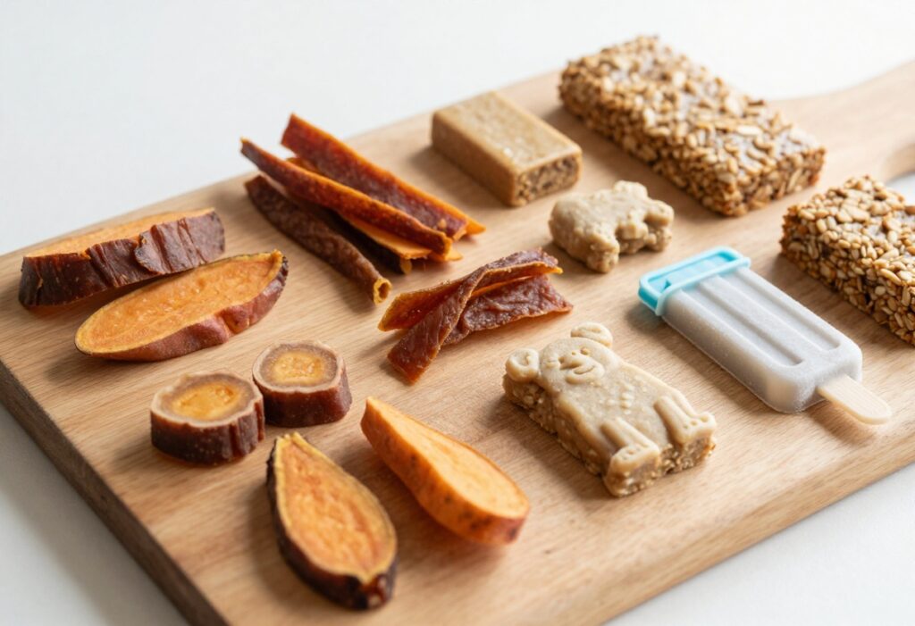 Homemade long-lasting dog treats for aggressive chewers arranged on a wooden board