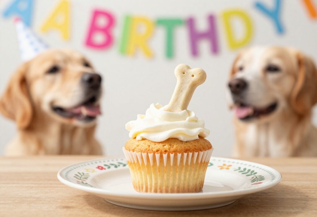Homemade dog cupcake with yogurt frosting and a dog bone treat on a party plate, with a happy dog in the background