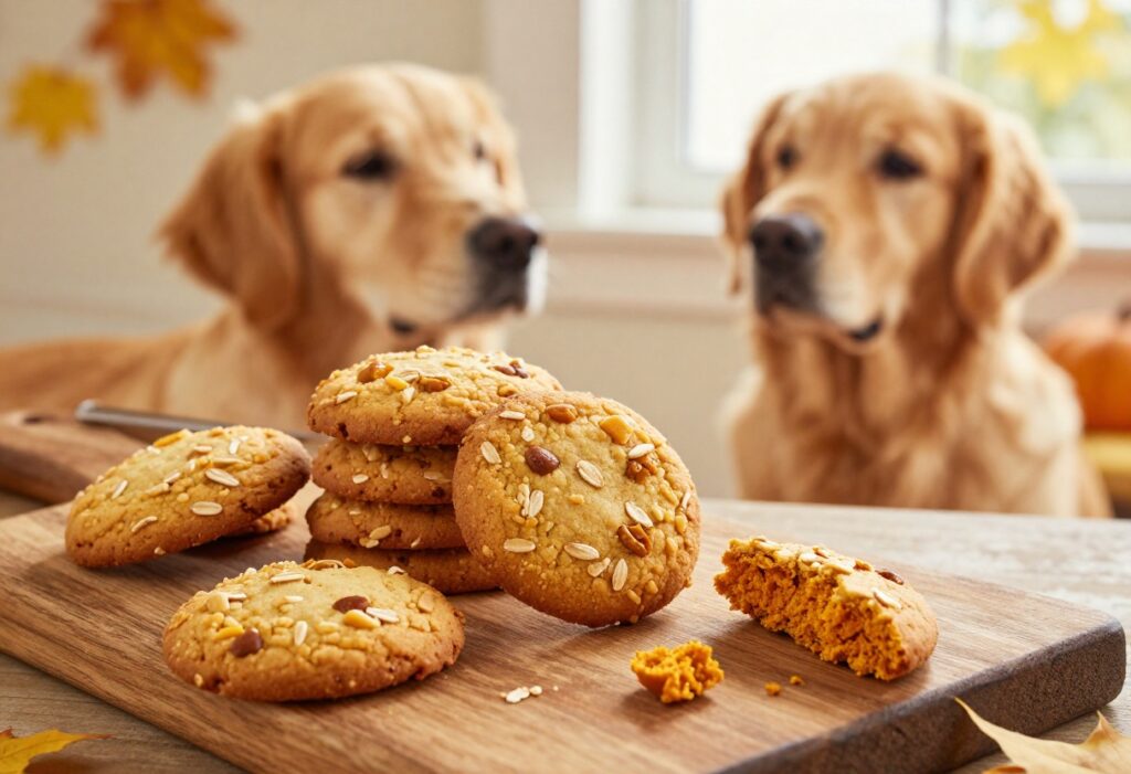 Homemade pumpkin dog cookies on a wooden board with a dog waiting eagerly