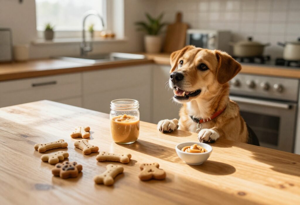 Homemade sourdough dog biscuits on a wooden table with a jar of sourdough starter and a happy dog nearby