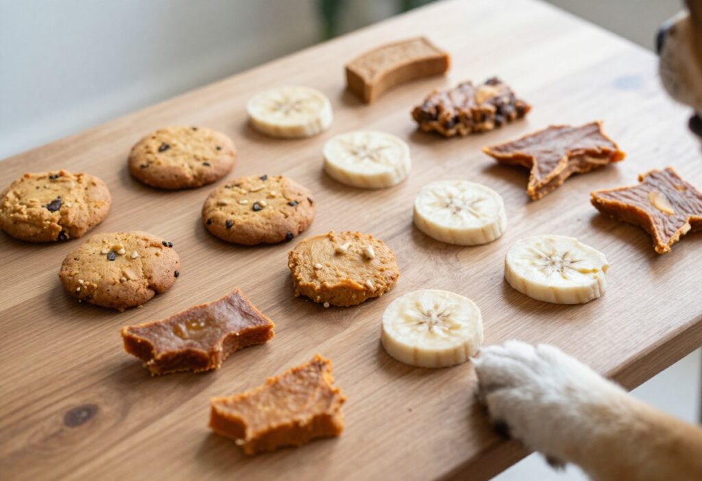 Homemade long-lasting dog treats for heavy chewers on a wooden table