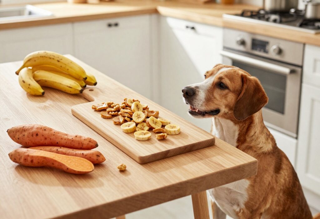 Homemade dog treats with fresh ingredients on a cutting board next to a happy dog