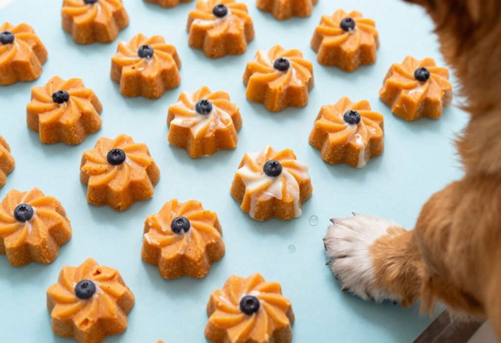 Homemade frozen pumpkin dog treats in ice cube trays with a dog's paw reaching for them